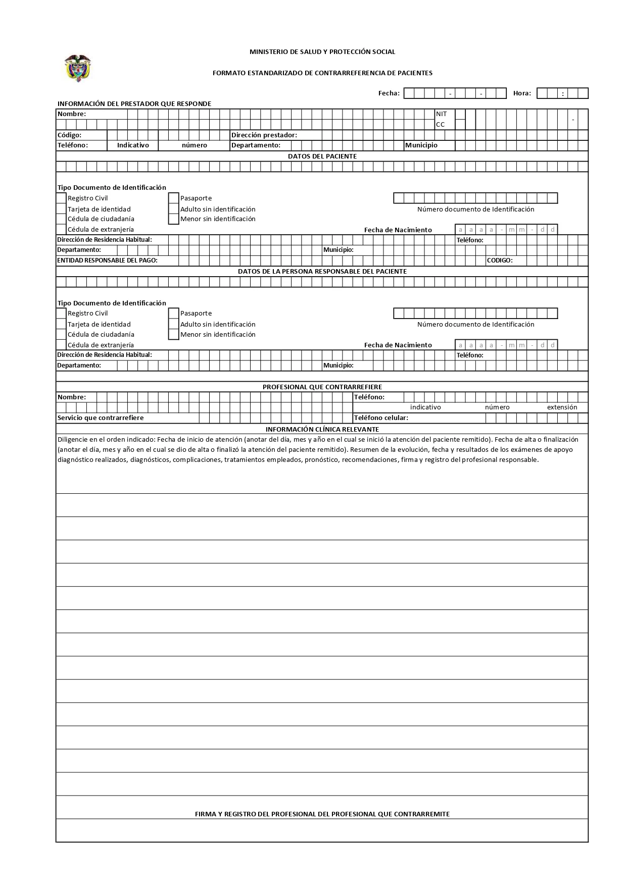 Anexo técnico 10 Resolución 4331 de 2012 Formato formato estandarizado de contrarreferencia de pacientes