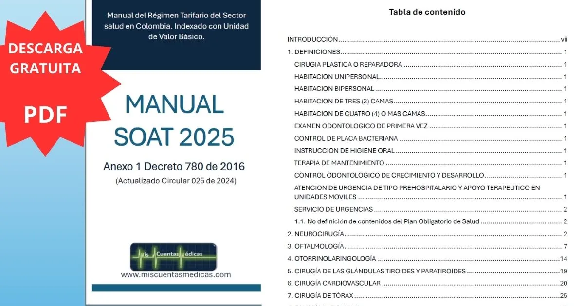 Descarga gratuita en pdf del manual SOAT 2025 con uvb Ministerio de Salud actualizó el anexo 1 del Decreto 780 de 2016 con la Circular Externa número 00000025 de 2024 mediante la cual ajusta los valores del SOAT a Unidades de Valor Básico UVB